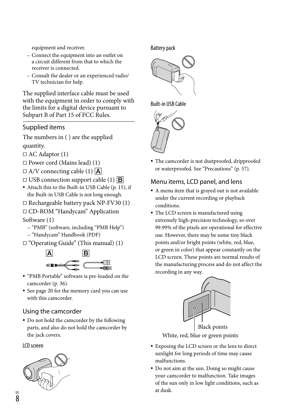 Supplied items, Using the camcorder, Menu items, lcd panel, and lens | Sony DCR-SX45 User Manual | Page 8 / 131