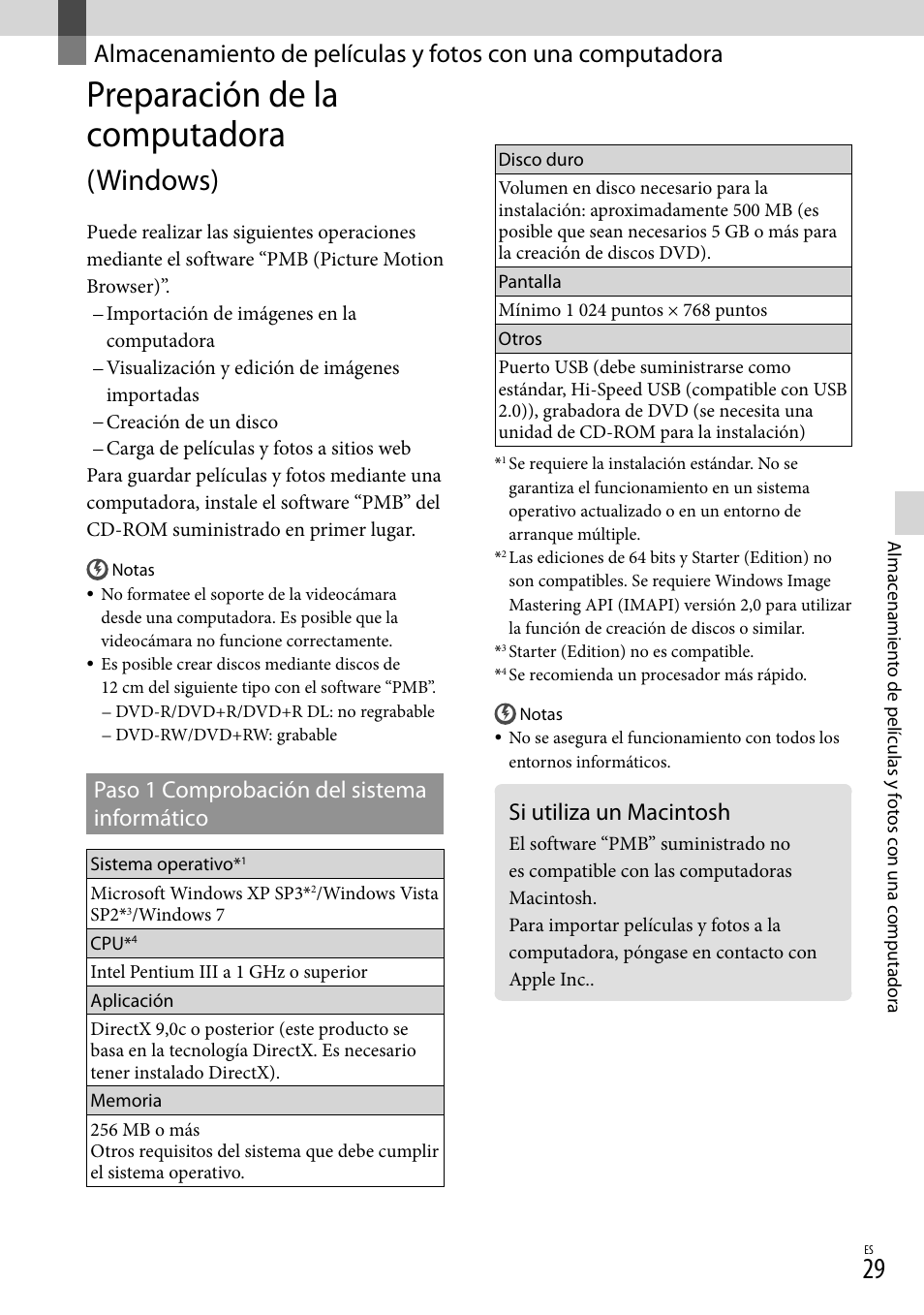 Preparación de la computadora (windows), Si utiliza un macintosh, Preparación de la computadora | Windows), Paso 1 comprobación del sistema informático | Sony DCR-SX45 User Manual | Page 93 / 131