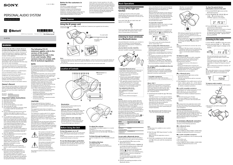 Sony ZS-BTY50 User Manual | 2 pages