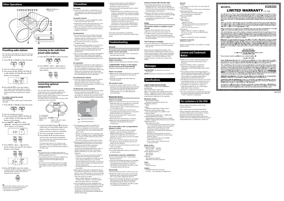 Other operations, Troubleshooting, Precautions | Messages, Specifications, License and trademark notice, For customers in the usa, Presetting radio stations, Listening to the radio from preset radio stations, Connecting optional components | Sony ZS-BTY50 User Manual | Page 2 / 2