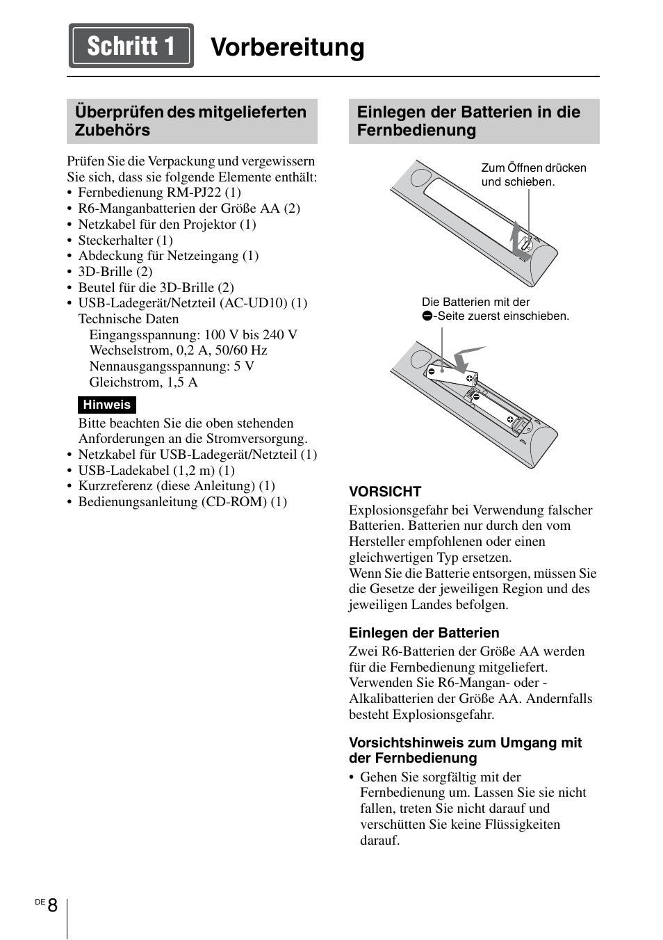 Vorbereitung, Seite 8, Vorbereitung schritt 1 | Sony VPL-VW1100ES User Manual | Page 100 / 161