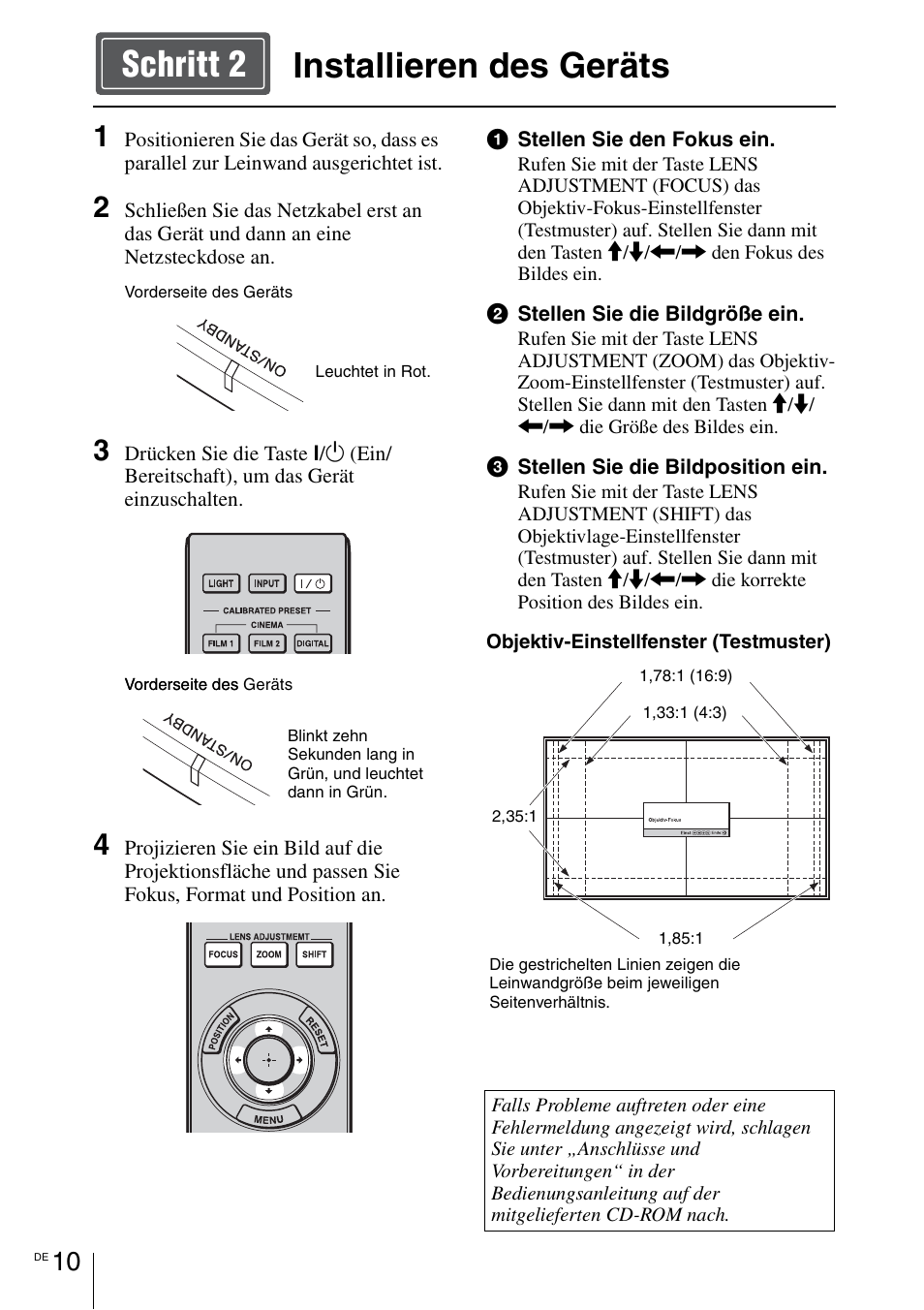 Installieren des geräts, Seite 10, Installieren des geräts schritt 2 | Sony VPL-VW1100ES User Manual | Page 102 / 161