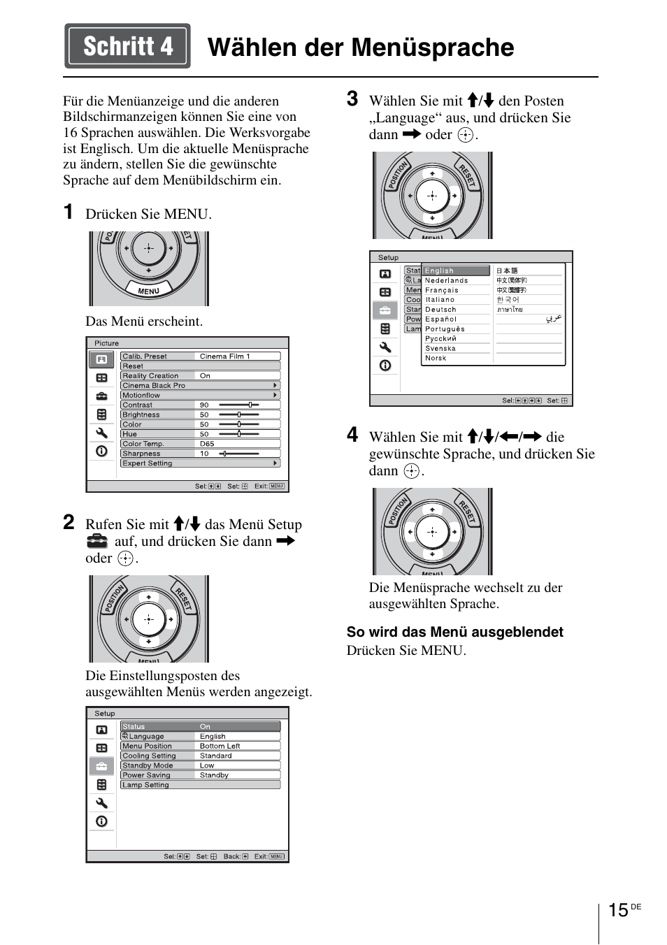 Wählen der menüsprache, Seite 15, Wählen der menüsprache schritt 4 | Sony VPL-VW1100ES User Manual | Page 107 / 161