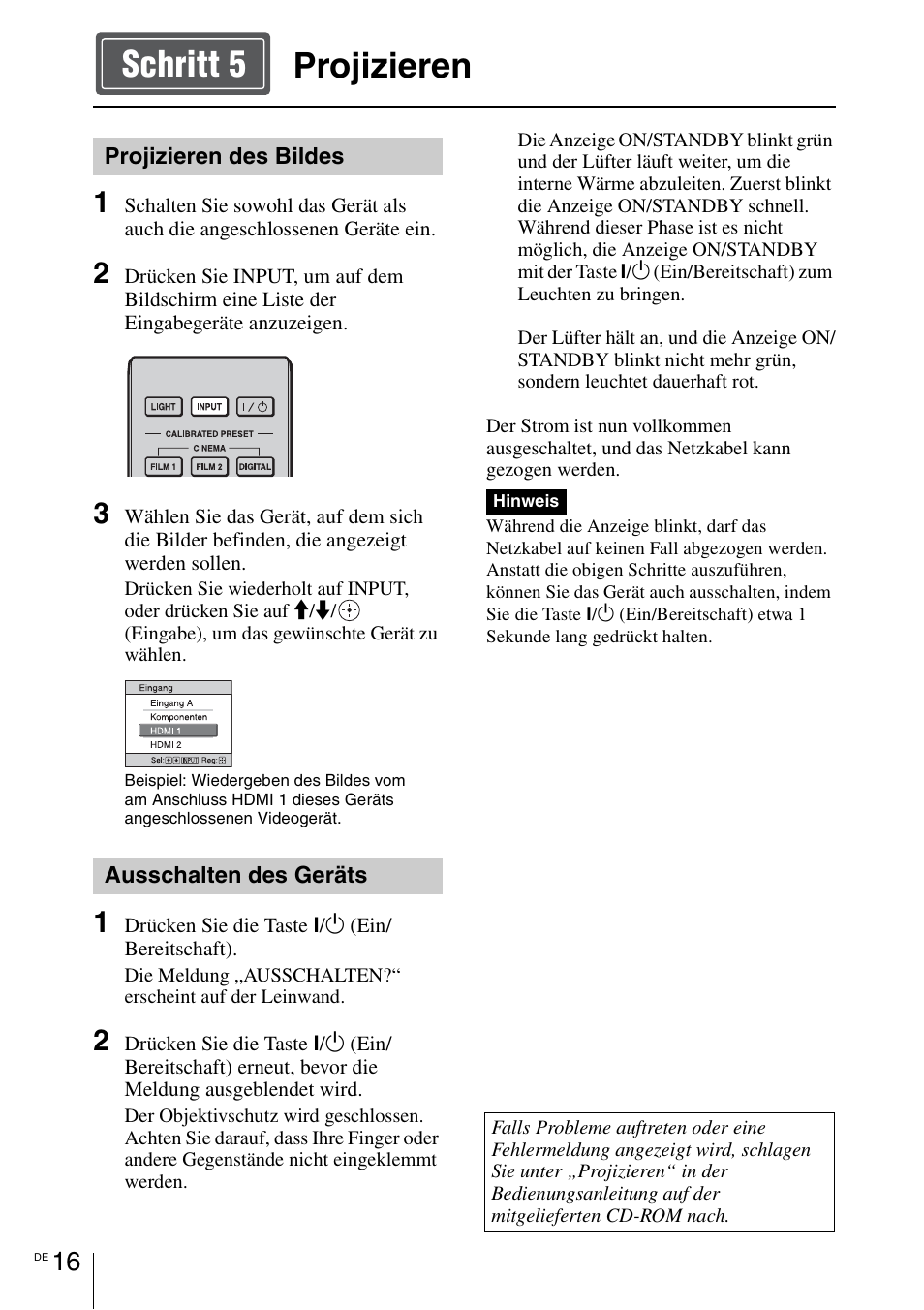 Projizieren, Seite 16, Projizieren schritt 5 | Sony VPL-VW1100ES User Manual | Page 108 / 161