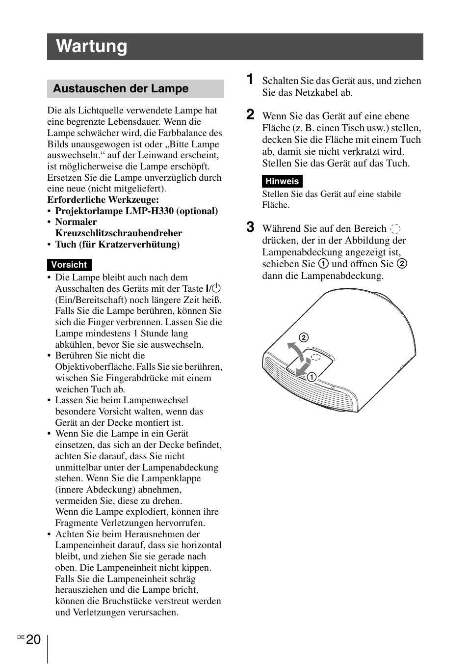 Wartung, Austauschen der lampe, Seite 20 | Sony VPL-VW1100ES User Manual | Page 112 / 161