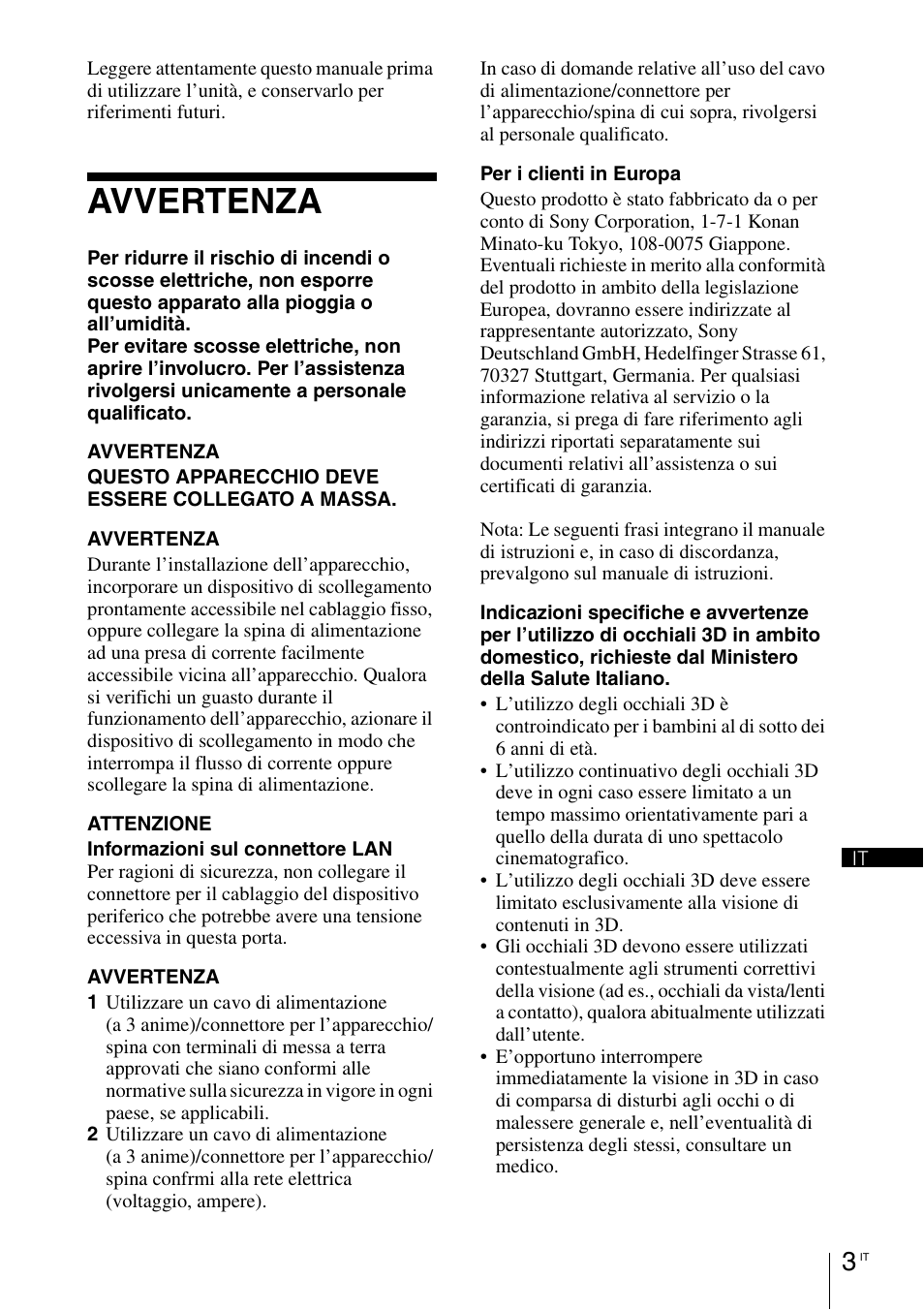 Avvertenza | Sony VPL-VW1100ES User Manual | Page 117 / 161