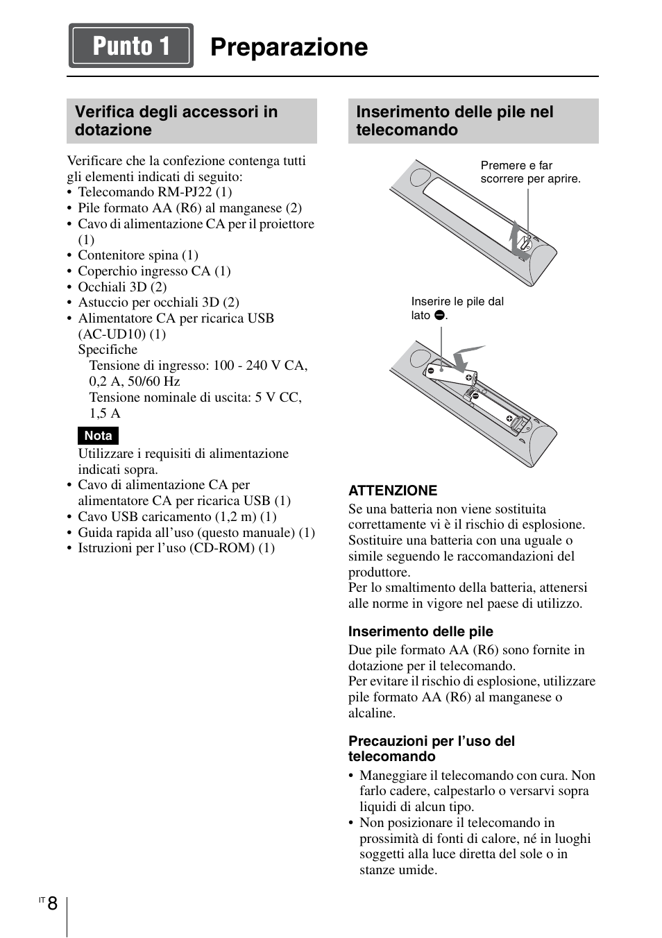 Preparazione, Preparazione punto 1 | Sony VPL-VW1100ES User Manual | Page 122 / 161