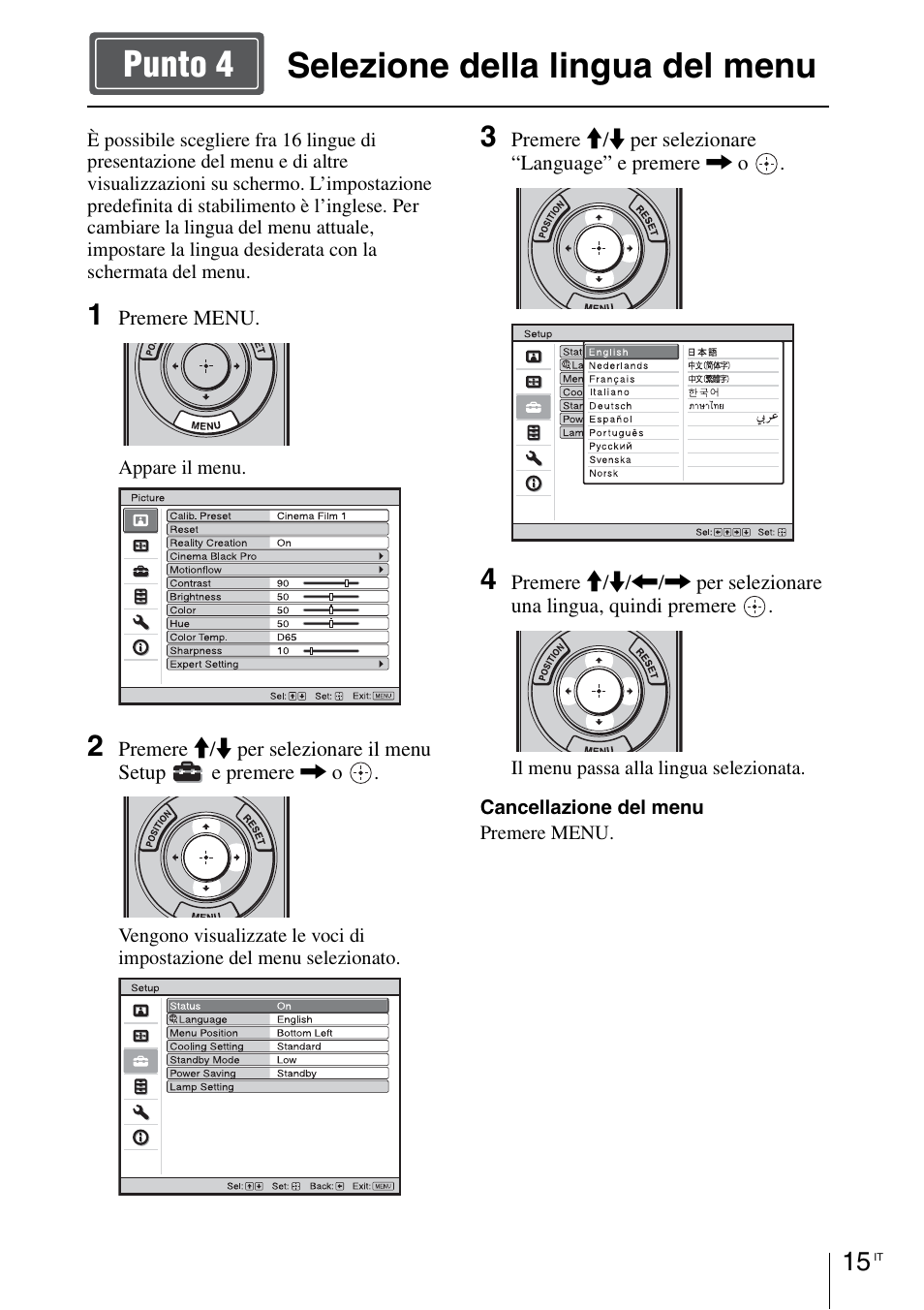 Selezione della lingua del menu, Selezione della lingua del menu punto 4 | Sony VPL-VW1100ES User Manual | Page 129 / 161