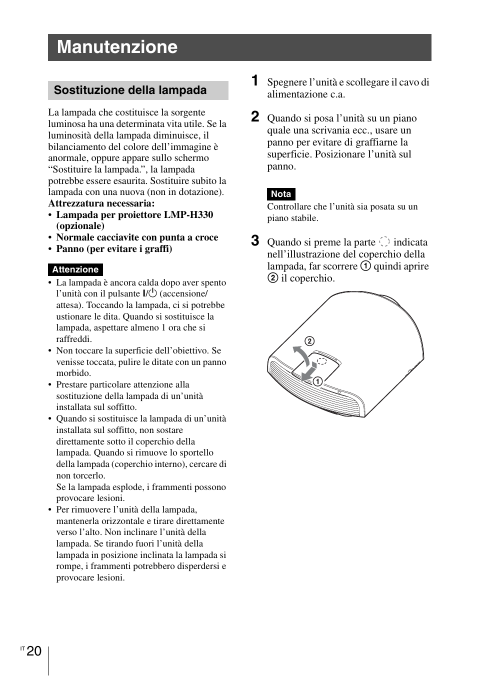 Manutenzione, Sostituzione della lampada | Sony VPL-VW1100ES User Manual | Page 134 / 161