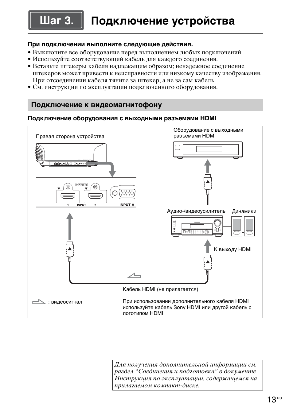 Подключение устройства, Cтр. 13, Подключение устройства шаг 3 | Sony VPL-VW1100ES User Manual | Page 149 / 161