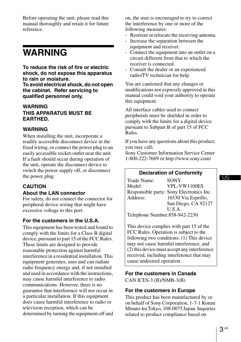 Warning | Sony VPL-VW1100ES User Manual | Page 29 / 161