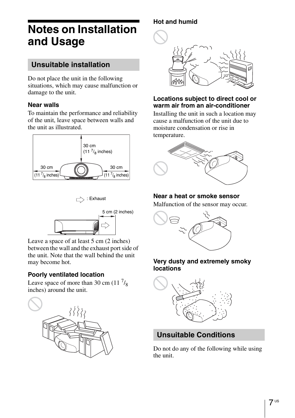 Unsuitable installation, Unsuitable conditions | Sony VPL-VW1100ES User Manual | Page 33 / 161