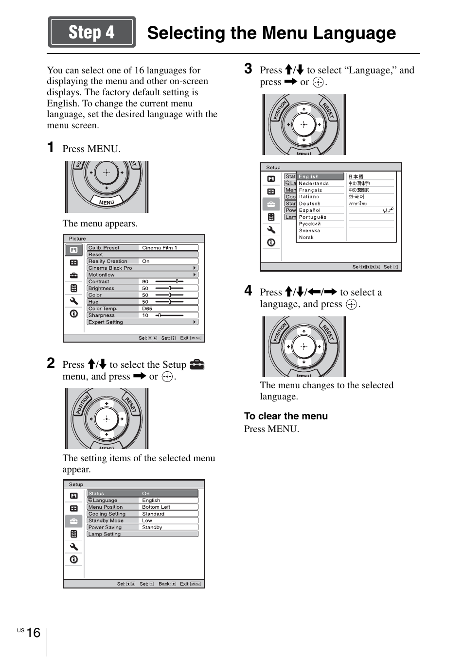 Selecting the menu language, Selecting the menu language step 4 | Sony VPL-VW1100ES User Manual | Page 42 / 161