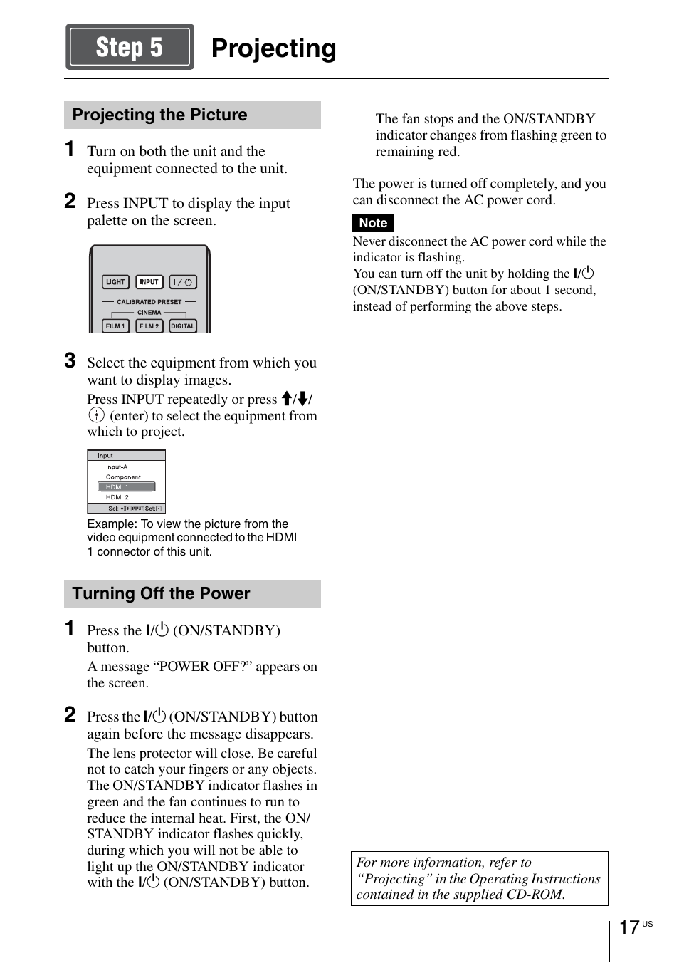 Projecting, Projecting step 5 | Sony VPL-VW1100ES User Manual | Page 43 / 161