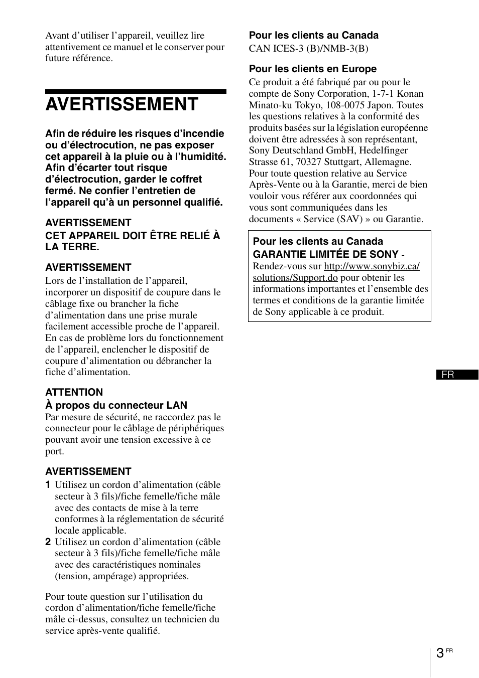 Avertissement | Sony VPL-VW1100ES User Manual | Page 51 / 161