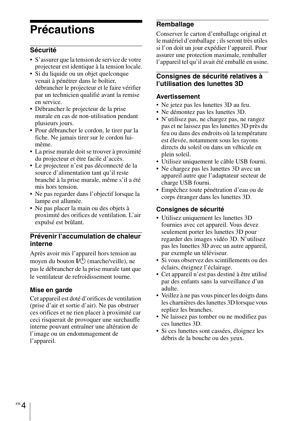 Précautions | Sony VPL-VW1100ES User Manual | Page 52 / 161