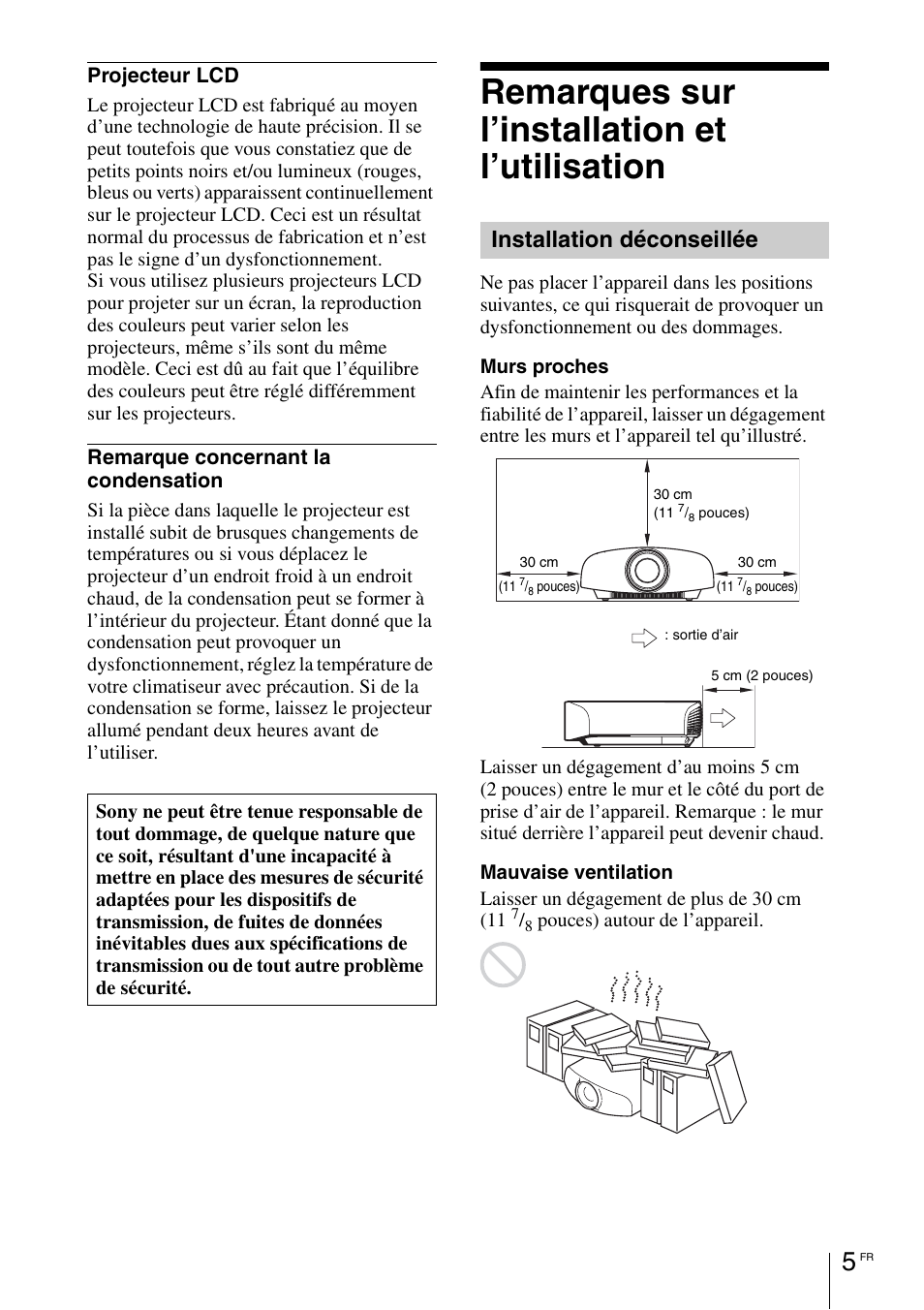 Remarques sur l’installation et l’utilisation, Installation déconseillée, Projecteur lcd | Remarque concernant la condensation | Sony VPL-VW1100ES User Manual | Page 53 / 161