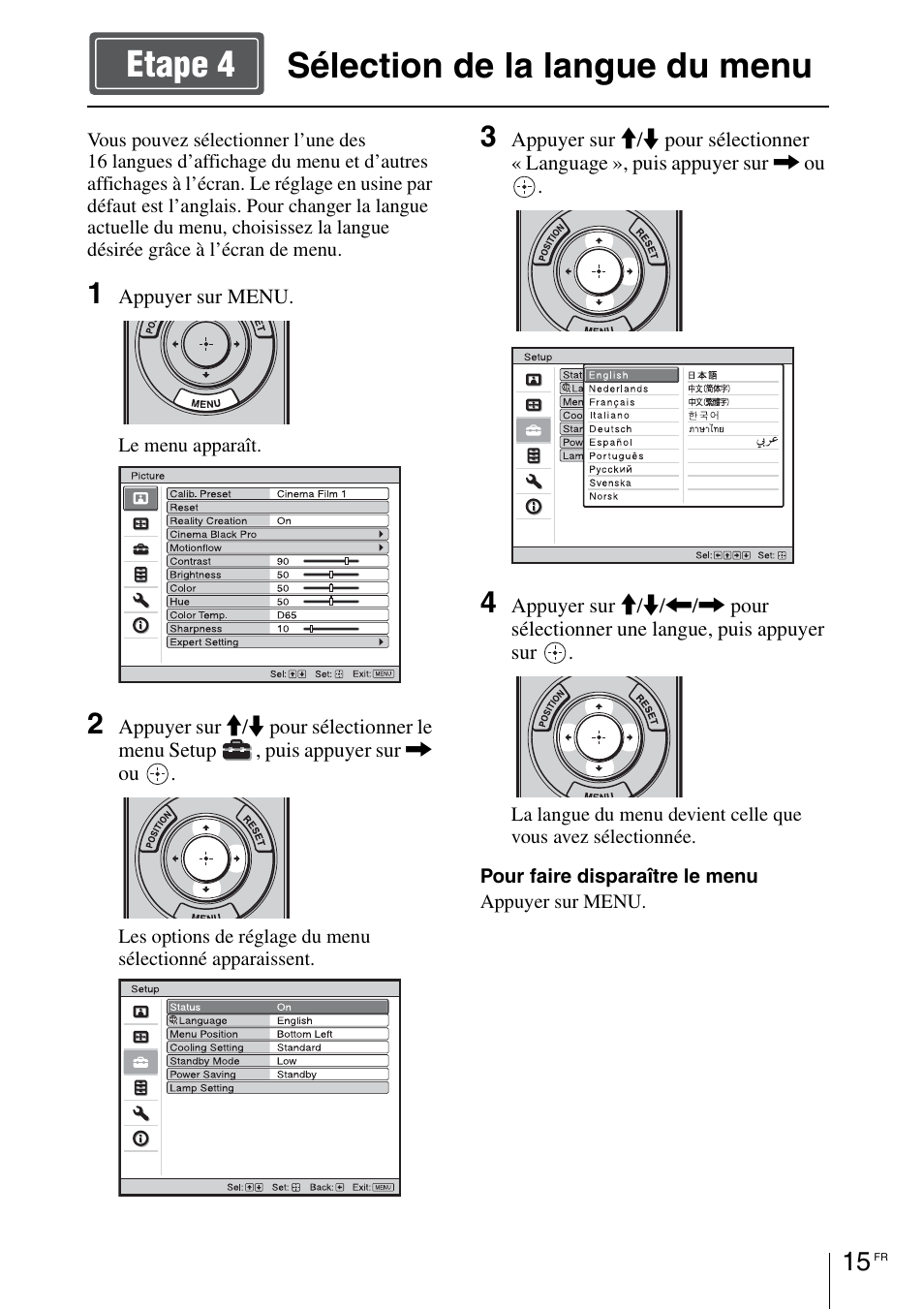 Sélection de la langue du menu, Sélection de la langue du menu etape 4 | Sony VPL-VW1100ES User Manual | Page 63 / 161