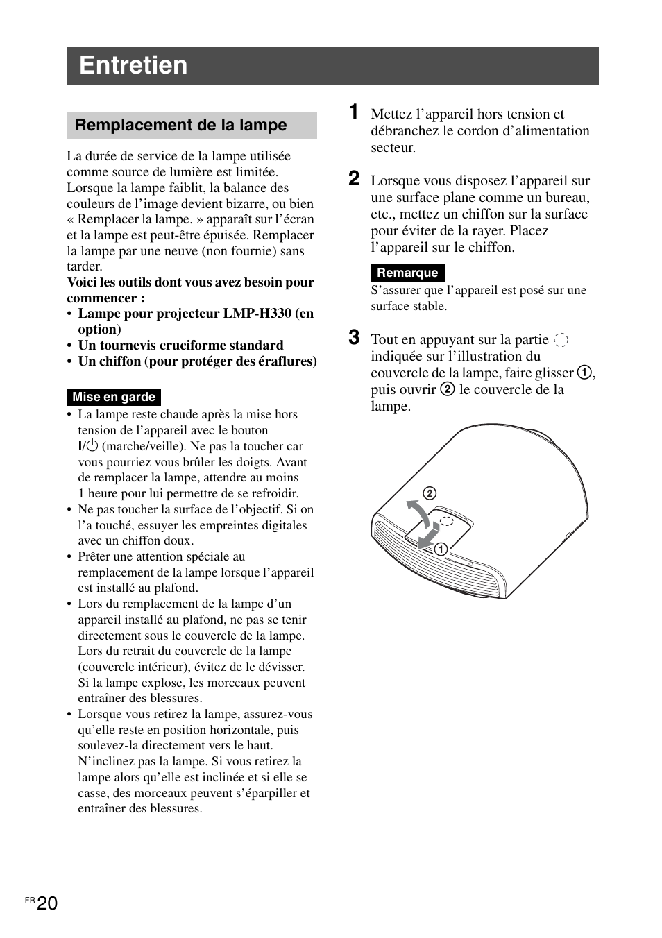 Entretien, Remplacement de la lampe | Sony VPL-VW1100ES User Manual | Page 68 / 161