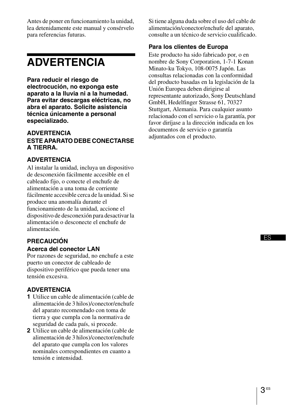 Advertencia | Sony VPL-VW1100ES User Manual | Page 73 / 161