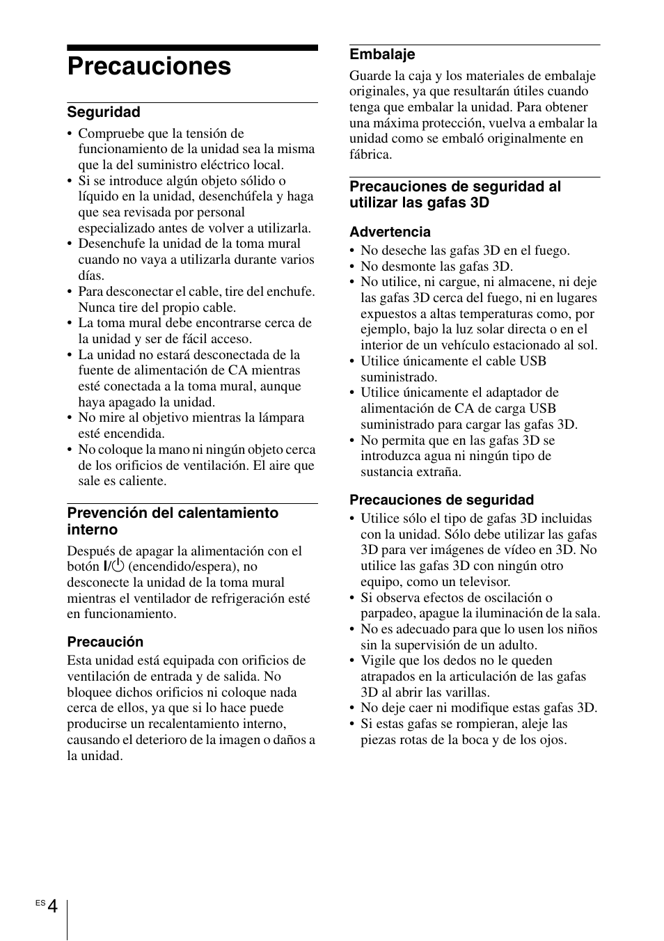 Precauciones | Sony VPL-VW1100ES User Manual | Page 74 / 161