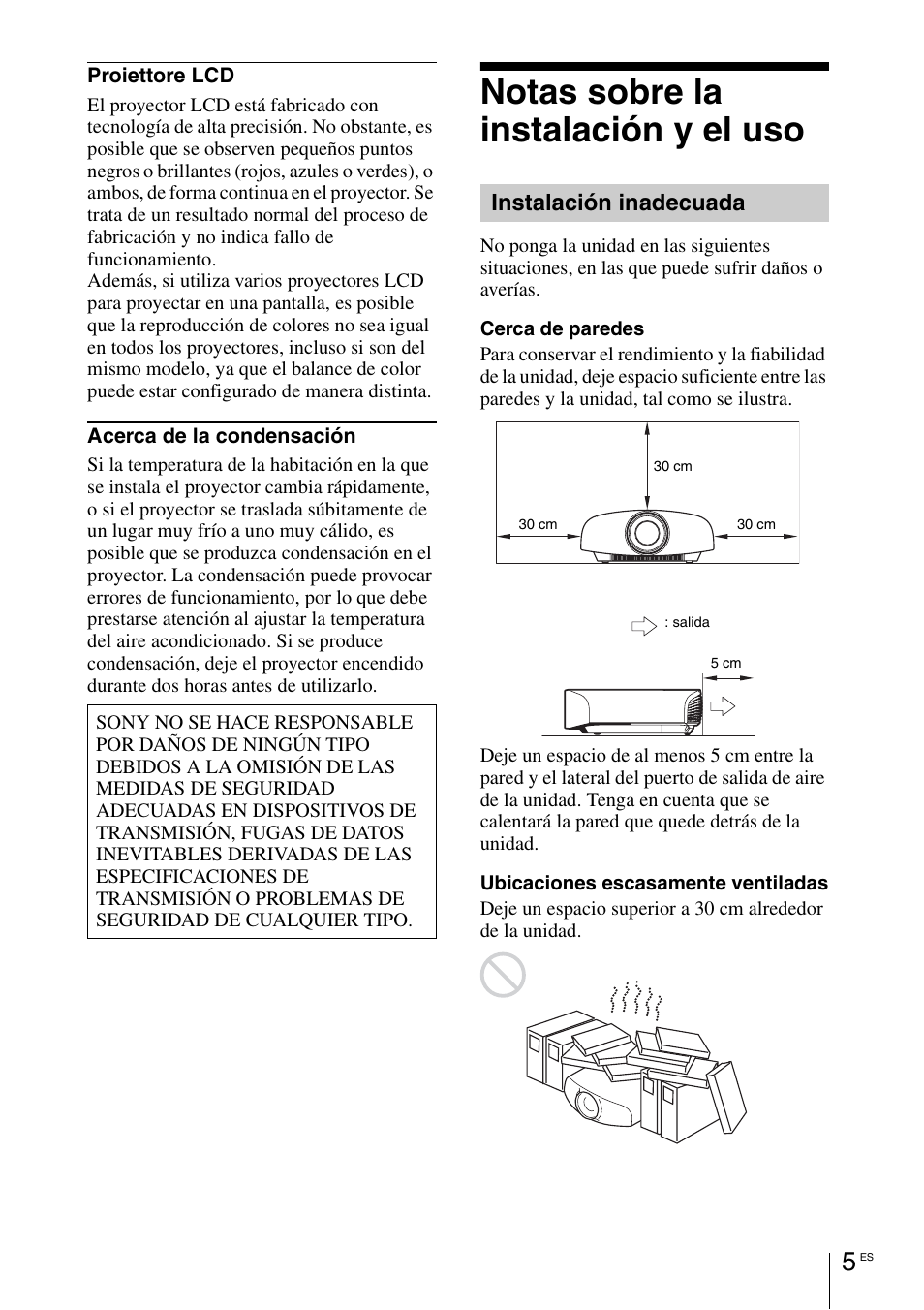 Notas sobre la instalación y el uso, Instalación inadecuada | Sony VPL-VW1100ES User Manual | Page 75 / 161