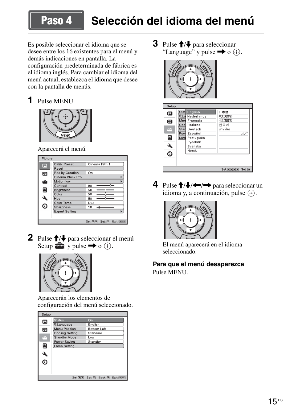 Selección del idioma del menú, Selección del idioma del menú paso 4 | Sony VPL-VW1100ES User Manual | Page 85 / 161