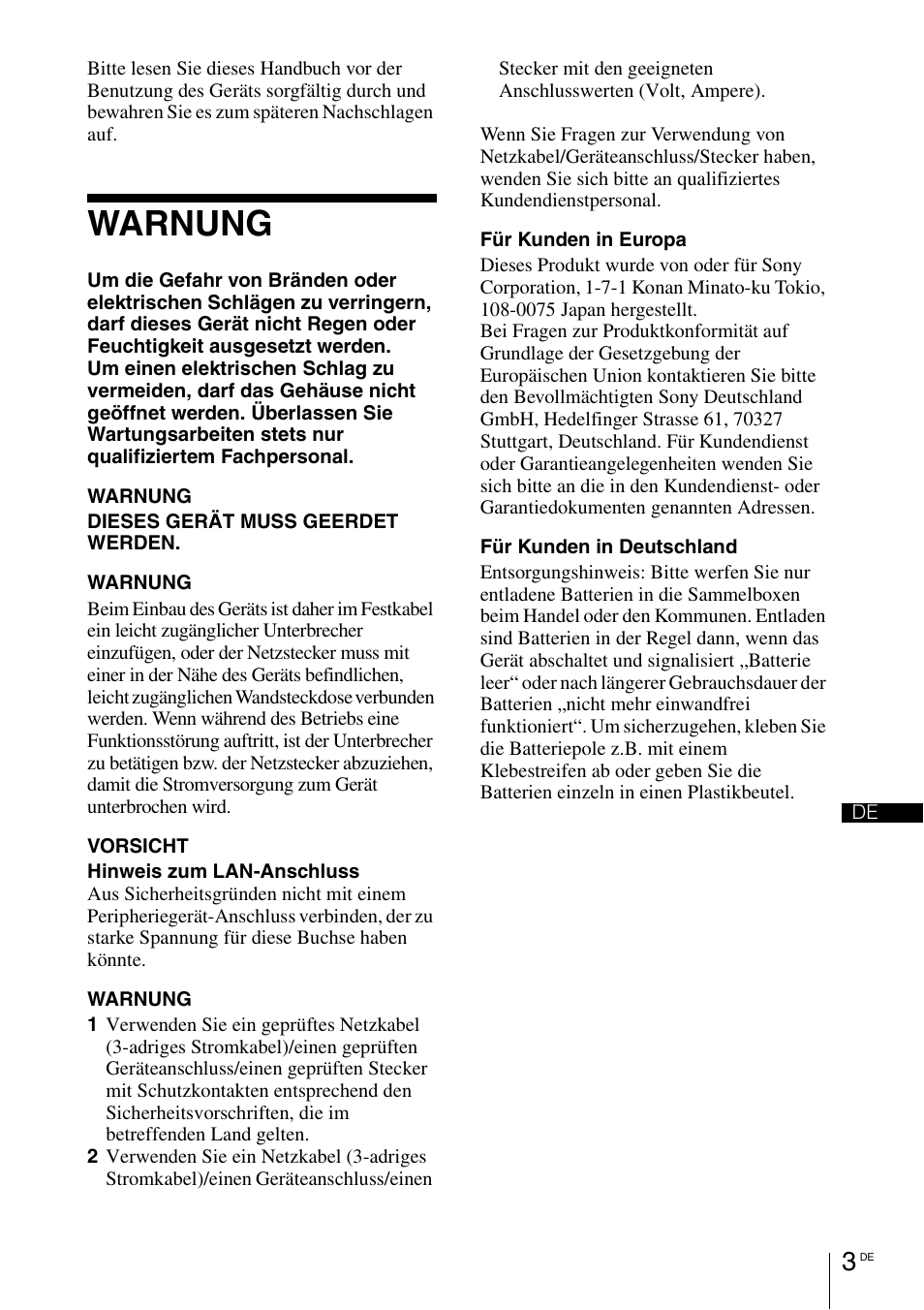 Warnung | Sony VPL-VW1100ES User Manual | Page 95 / 161