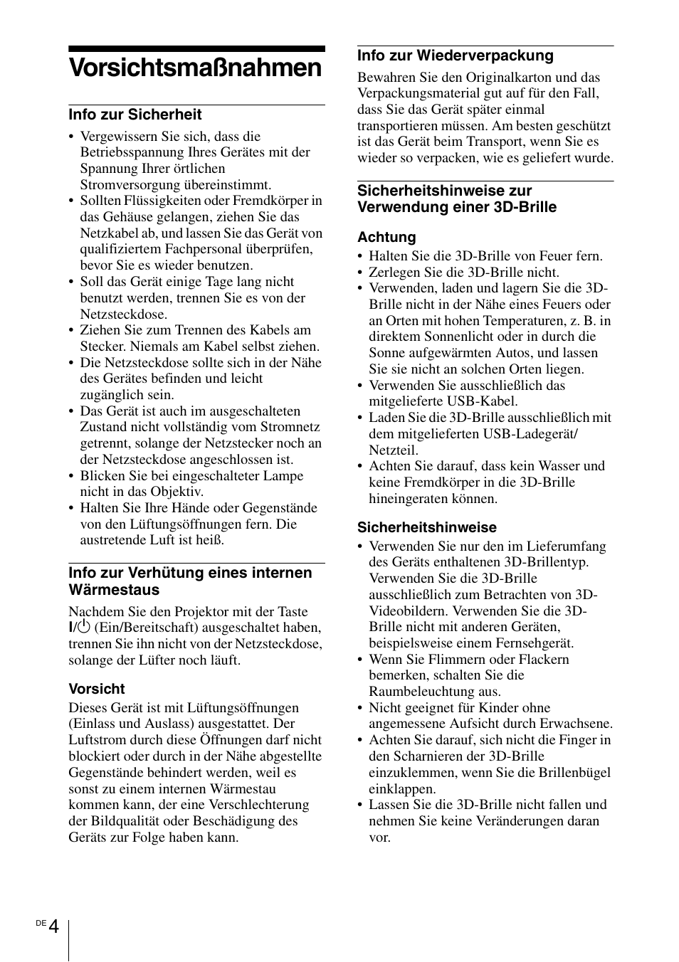 Vorsichtsmaßnahmen | Sony VPL-VW1100ES User Manual | Page 96 / 161