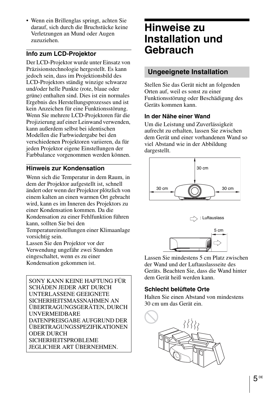 Hinweise zu installation und gebrauch, Ungeeignete installation | Sony VPL-VW1100ES User Manual | Page 97 / 161