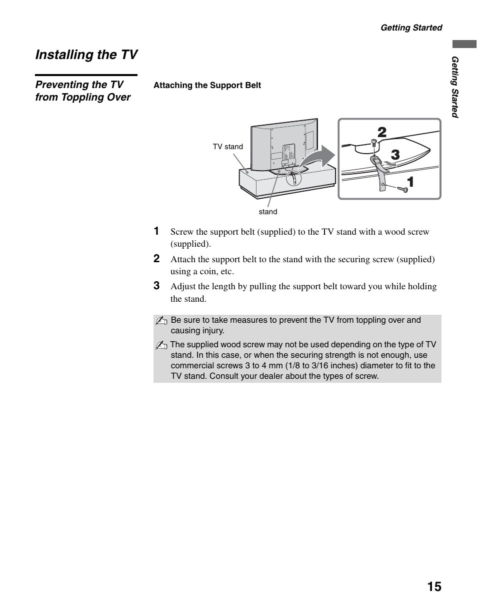 Installing the tv, Preventing the tv from toppling over | Sony KDL-46V2500 User Manual | Page 15 / 48