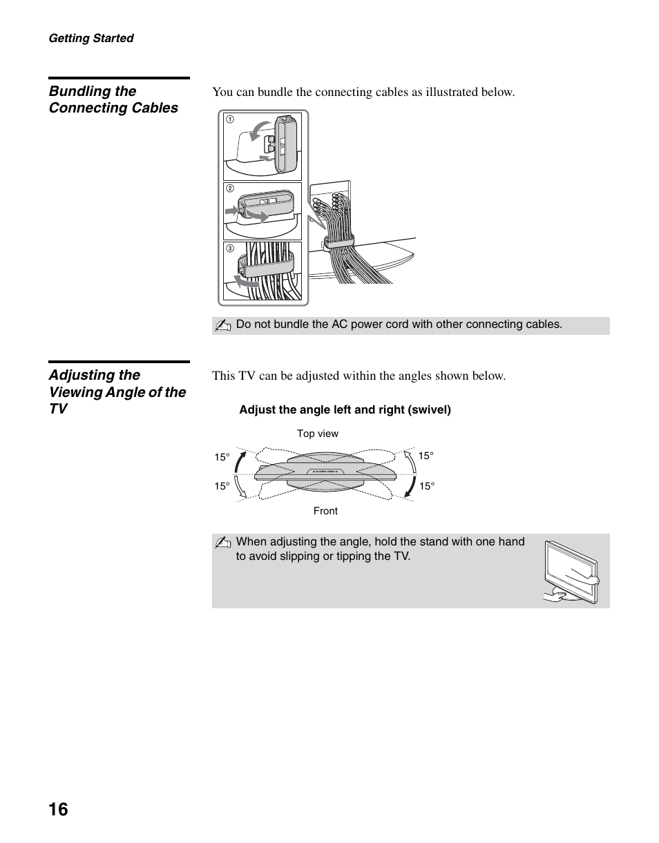 Bundling the connecting cables, Adjusting the viewing angle of the tv | Sony KDL-46V2500 User Manual | Page 16 / 48