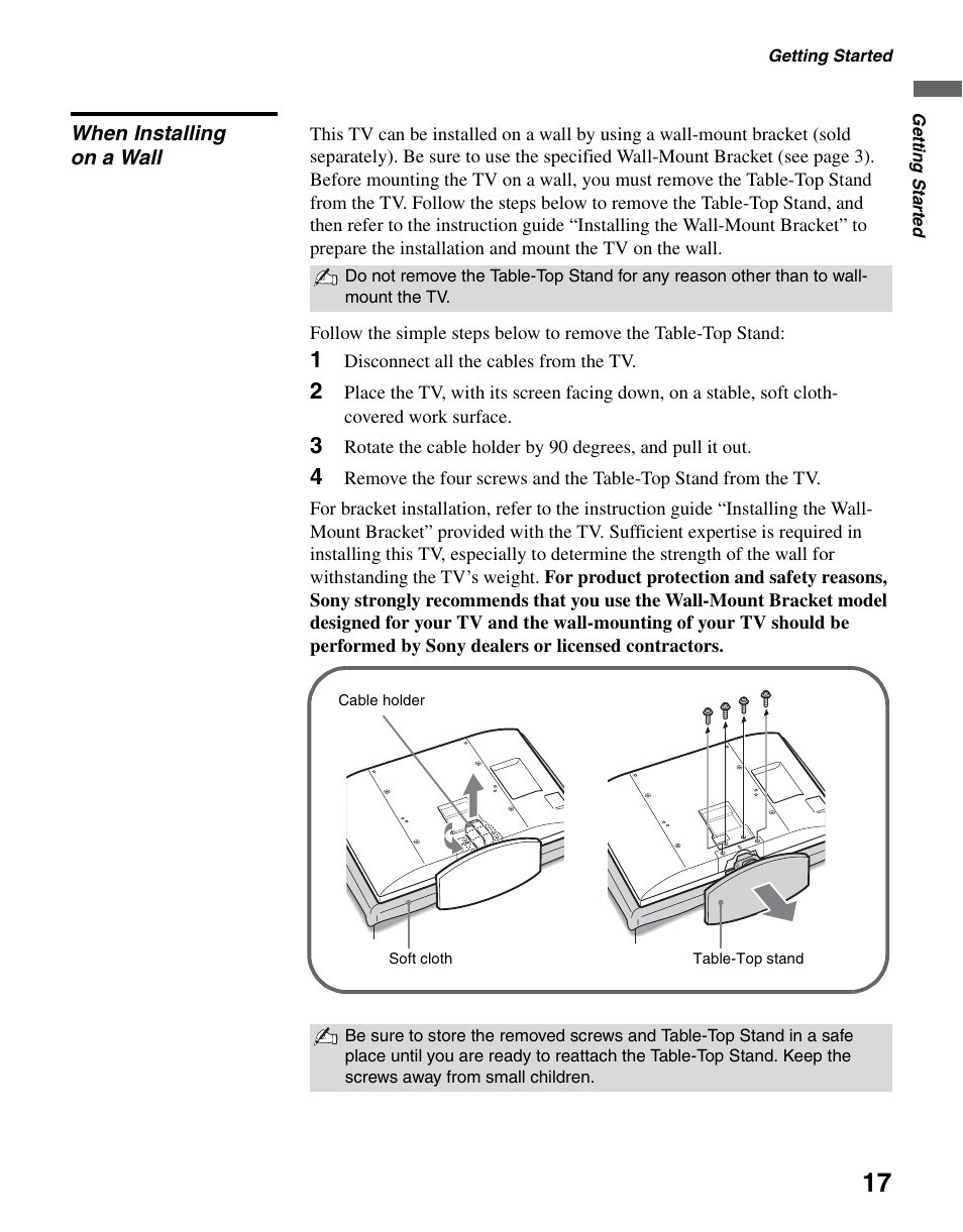 When installing on a wall | Sony KDL-46V2500 User Manual | Page 17 / 48