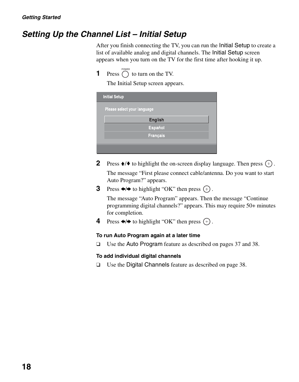 Setting up the channel list - initial setup, Setting up the channel list – initial setup, 18 setting up the channel list – initial setup | Sony KDL-46V2500 User Manual | Page 18 / 48