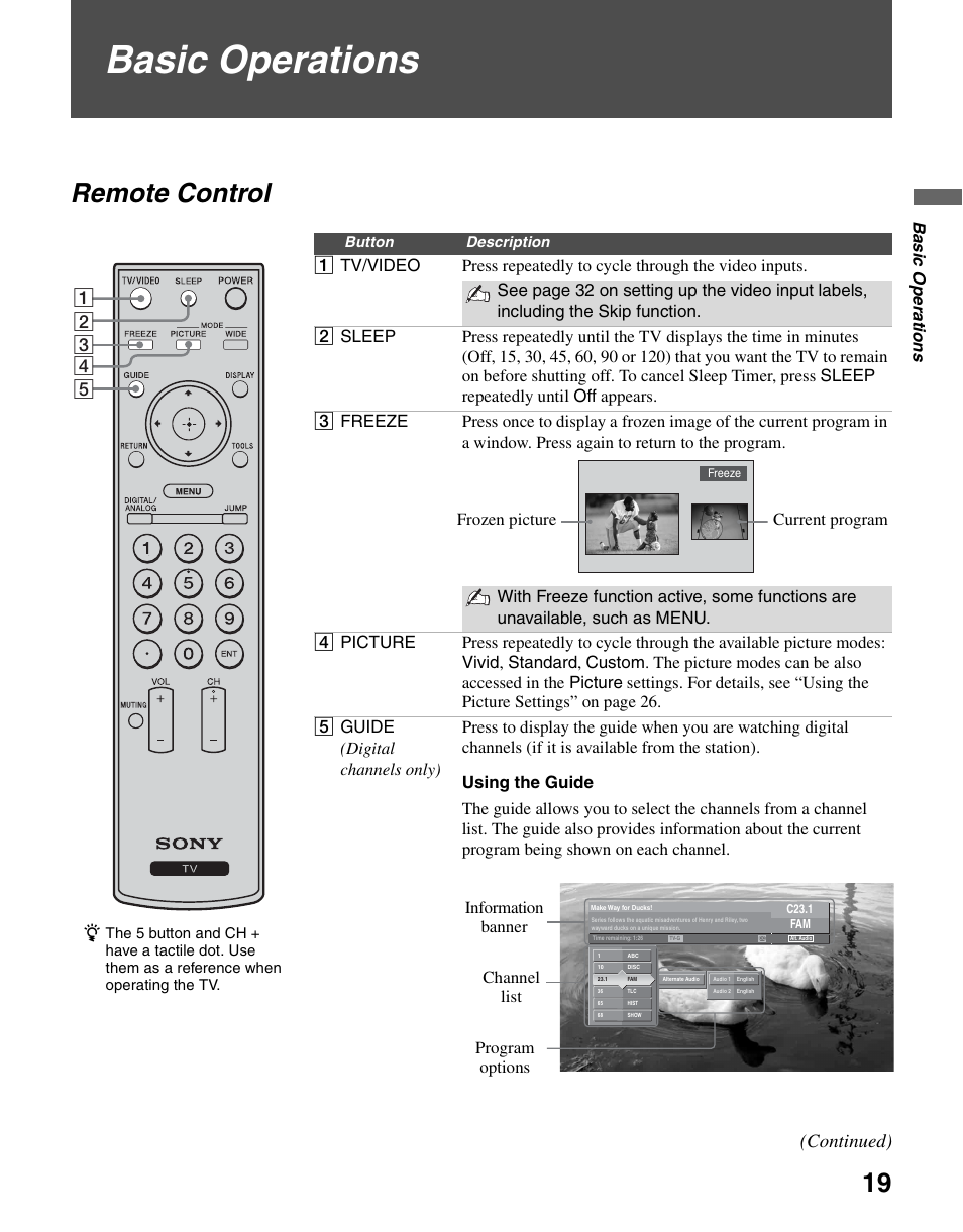 Basic operations, Remote control, Continued) | Sony KDL-46V2500 User Manual | Page 19 / 48