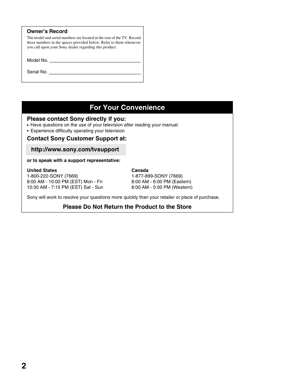 For your convenience | Sony KDL-46V2500 User Manual | Page 2 / 48