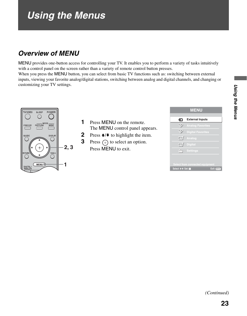 Using the menus, Overview of menu | Sony KDL-46V2500 User Manual | Page 23 / 48