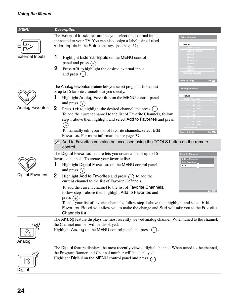 Using the menus | Sony KDL-46V2500 User Manual | Page 24 / 48