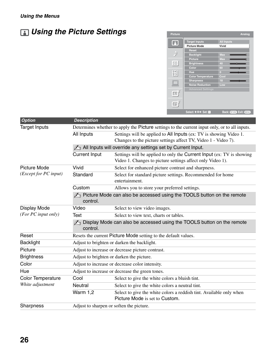 Using the picture settings, Ge 26, 26 using the picture settings | Sony KDL-46V2500 User Manual | Page 26 / 48