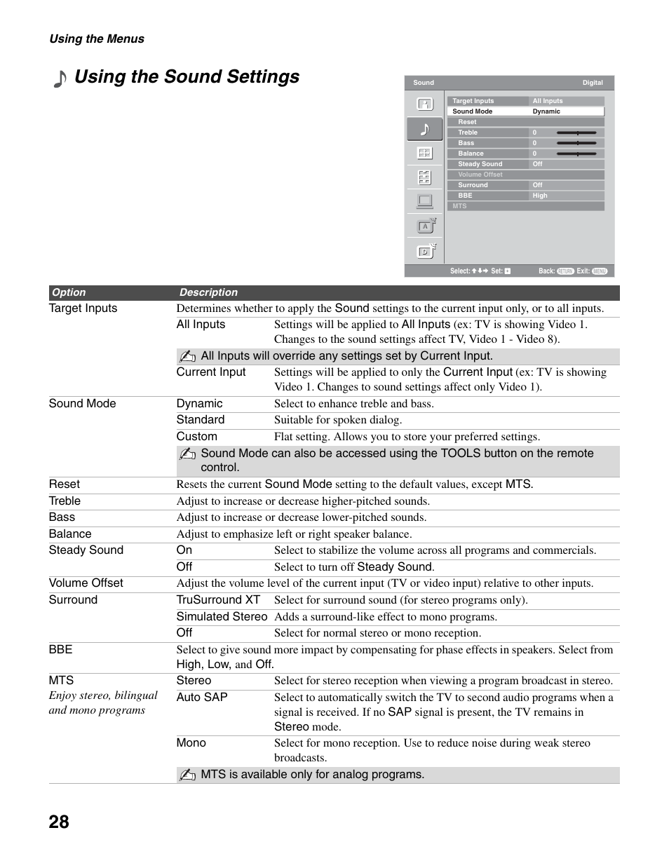 Using the sound settings, 28 using the sound settings | Sony KDL-46V2500 User Manual | Page 28 / 48