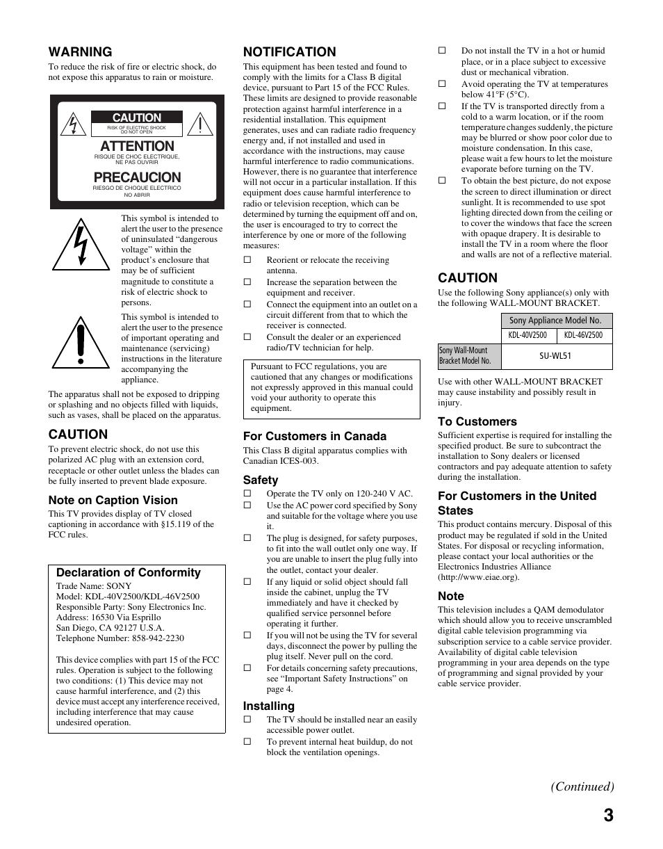 Attention, Precaucion, Warning | Caution, Notification, Continued) | Sony KDL-46V2500 User Manual | Page 3 / 48