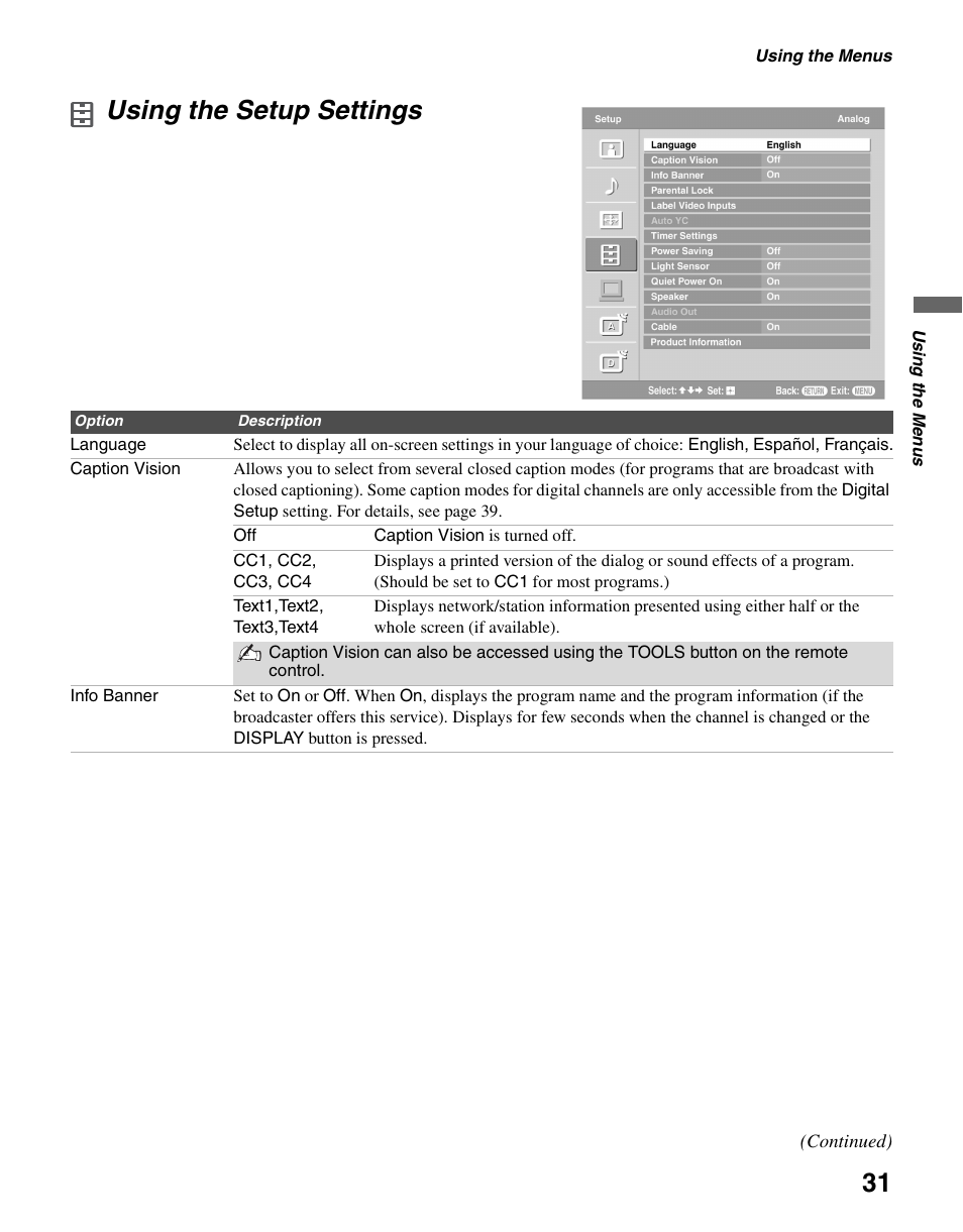 Using the setup settings | Sony KDL-46V2500 User Manual | Page 31 / 48