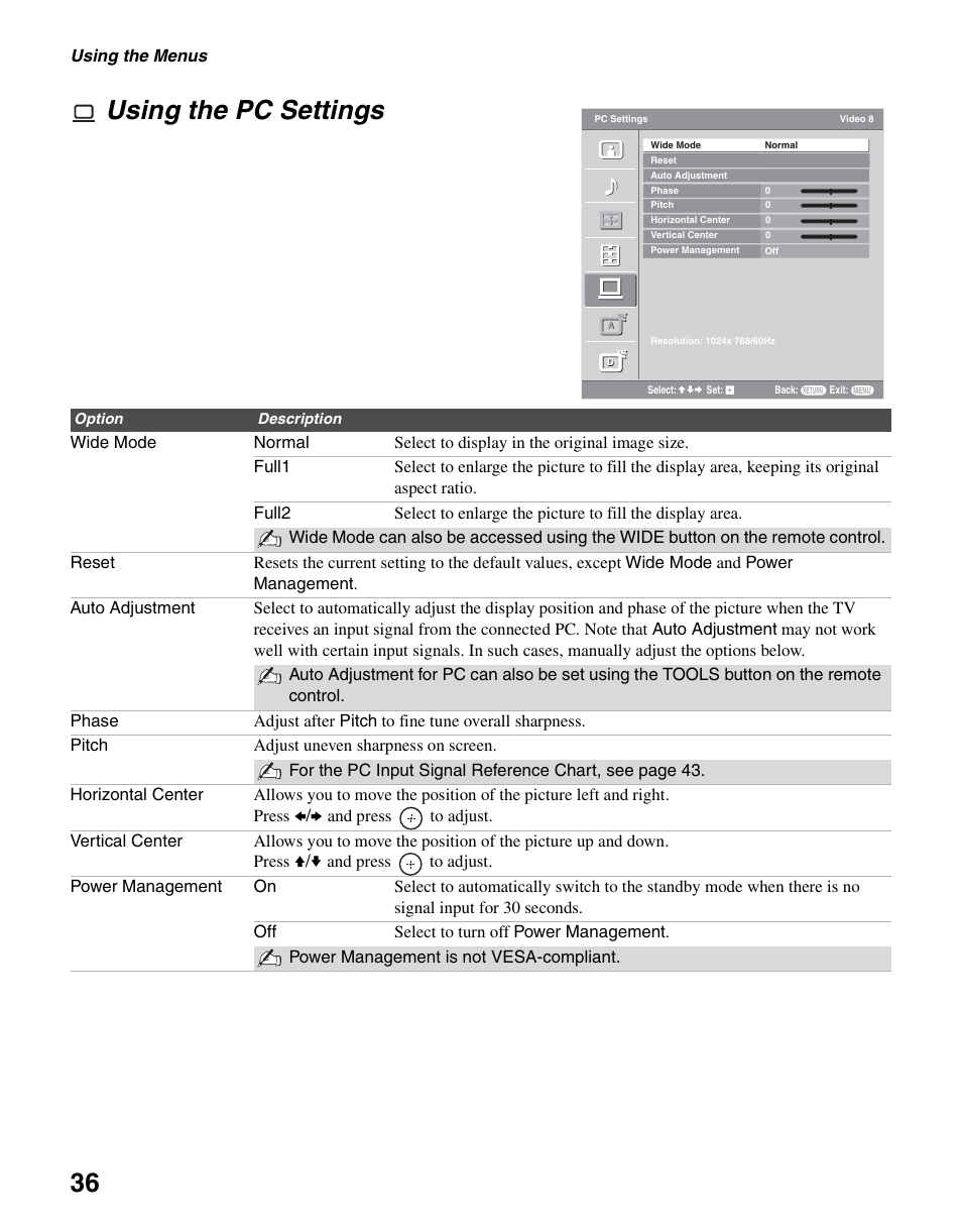 Using the pc settings, 36 an, 36 using the pc settings | Sony KDL-46V2500 User Manual | Page 36 / 48