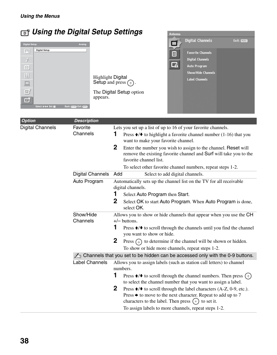 Using the digital setup settings, 38 using the digital setup settings | Sony KDL-46V2500 User Manual | Page 38 / 48