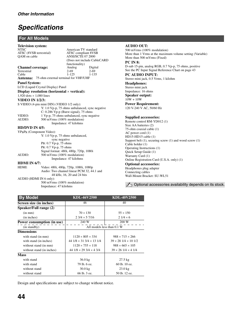 Specifications, Other information, For all models | By model | Sony KDL-46V2500 User Manual | Page 44 / 48