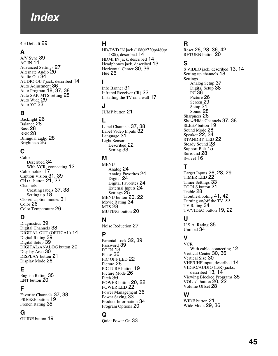 Index | Sony KDL-46V2500 User Manual | Page 45 / 48