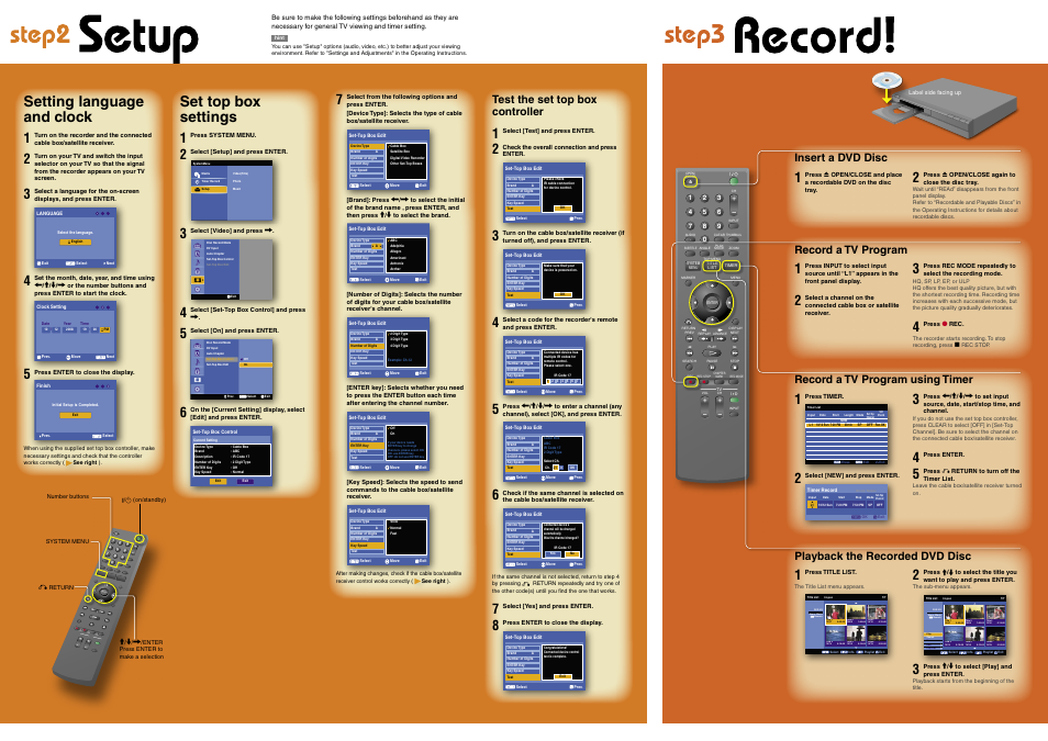 Enter, Setting language and clock, Set top box settings | Test the set top box controller, Record a tv program, Record a tv program using timer, Insert a dvd disc, Playback the recorded dvd disc | Sony RDR-GX257 User Manual | Page 2 / 2