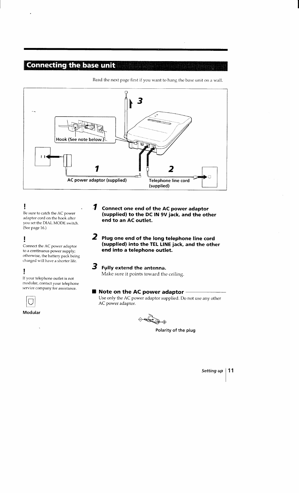 Connecting the base unit, 3 fplly extend the antenna, Note on the ac power adaptor | Sony SPP-Q200 User Manual | Page 11 / 52