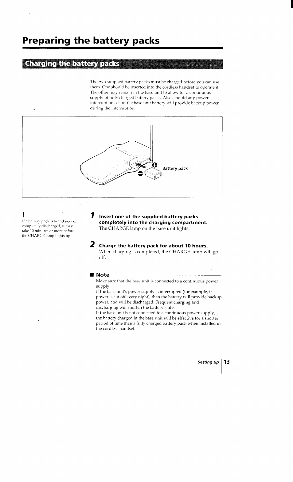 Preparing the battery packs, Charging the battery packs, 2 charge the battery pack for about 10 hours | Note | Sony SPP-Q200 User Manual | Page 13 / 52