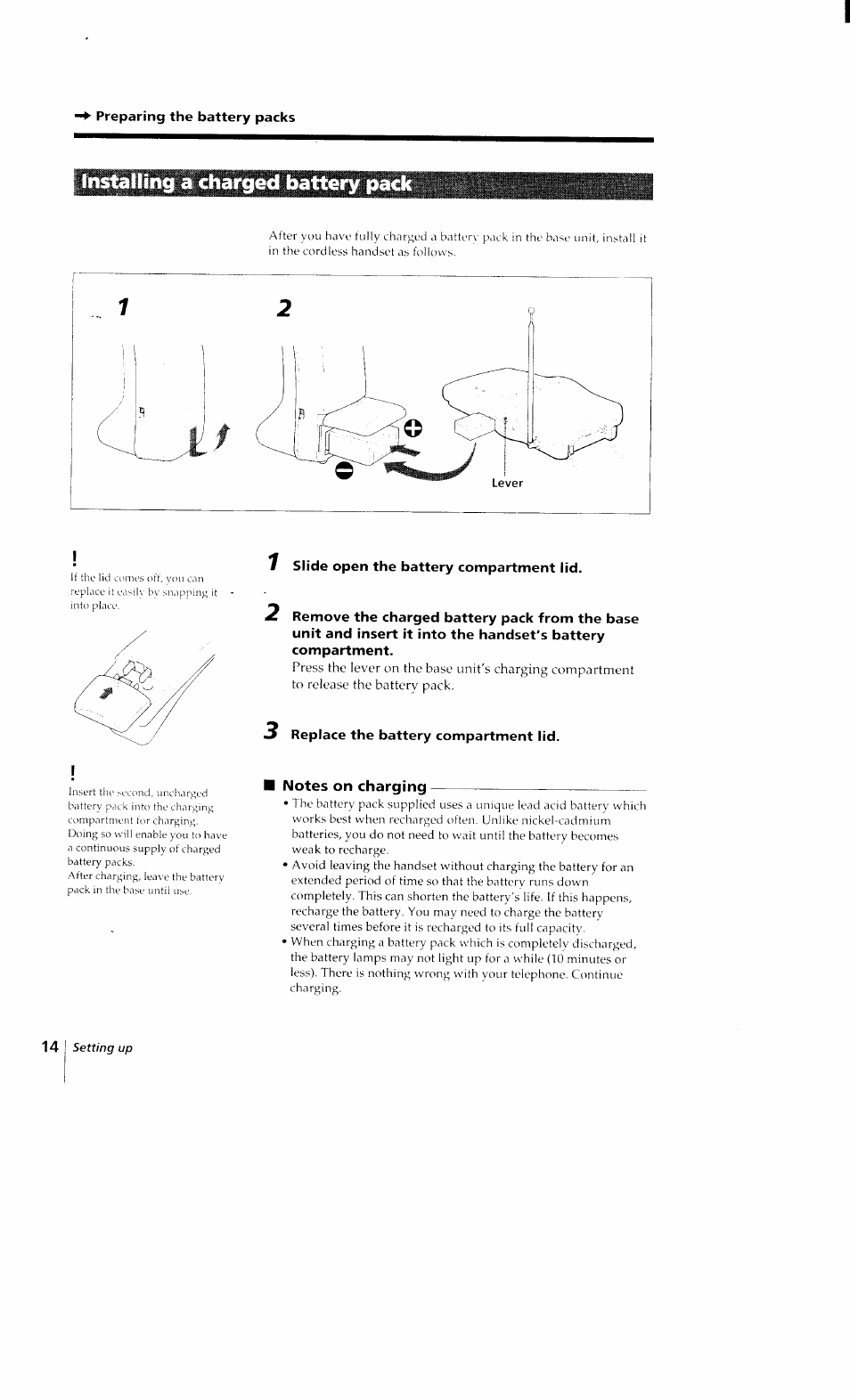 Preparing the battery packs, Installing a charged battery pack, 1 slide open the battery compartment lid | 3 replace the battery compartment lid, Notes on charging | Sony SPP-Q200 User Manual | Page 14 / 52